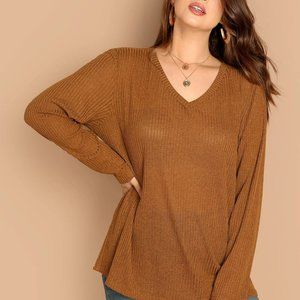 SHEIN Plus V-Neck Rib Knit Solid Tee